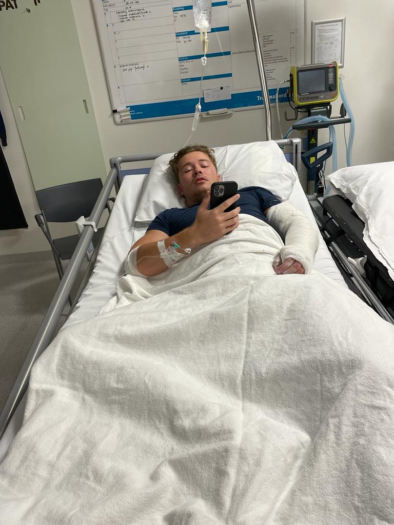 Bobby in a hospital bed after the motorbike crash