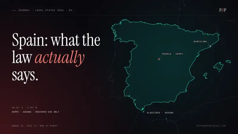 Outline map of Spain marking Madrid (AEMPS), Algeciras (Aduana) and Barcelona, headline: Spain: what the law actually says.