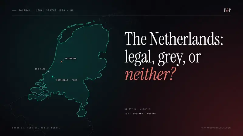 Outline map of the Netherlands marking Amsterdam, Den Haag and the port of Rotterdam, headline: The Netherlands: legal, grey, or neither?