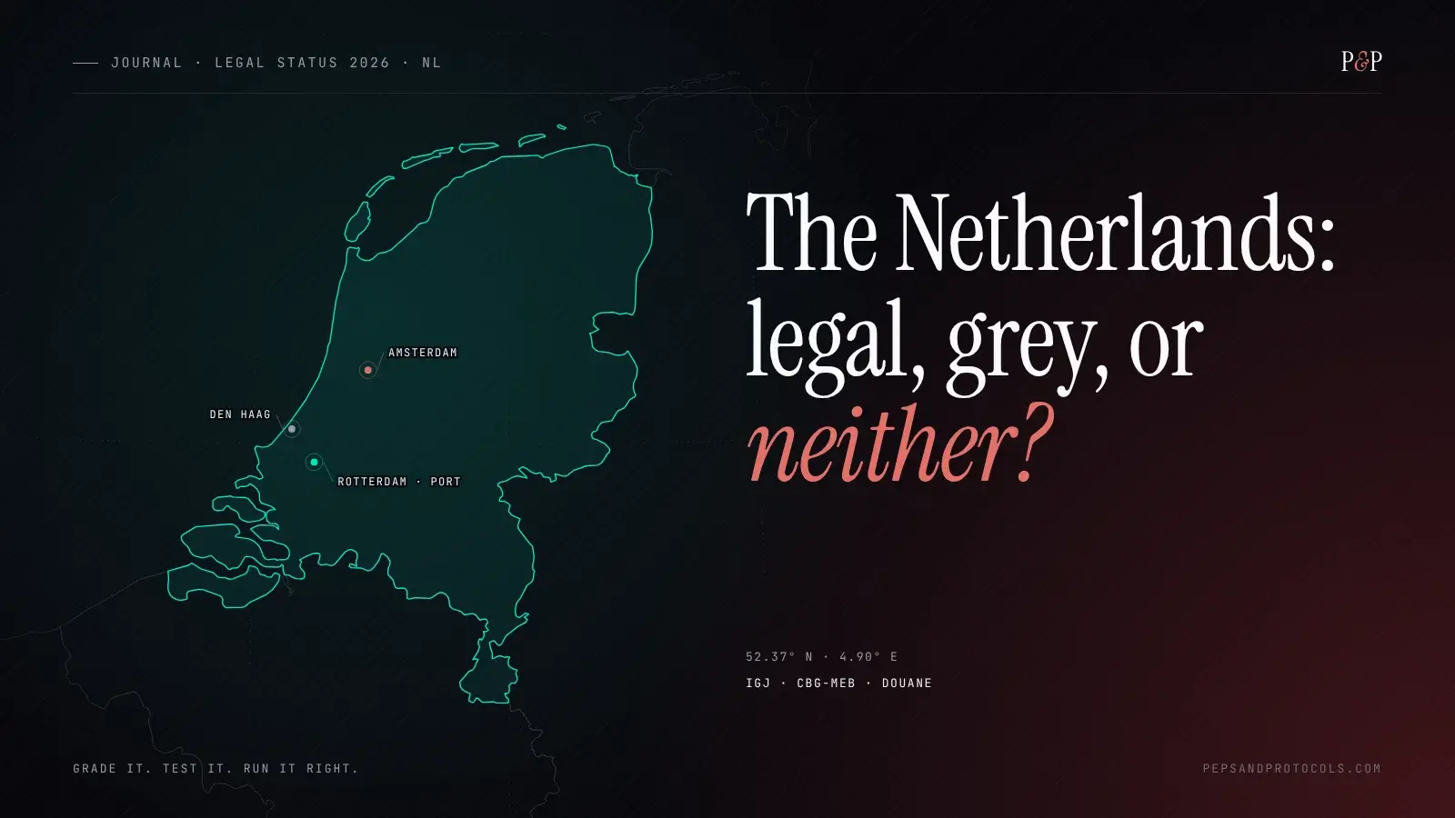 Outline map of the Netherlands marking Amsterdam, Den Haag and the port of Rotterdam, headline: The Netherlands: legal, grey, or neither?