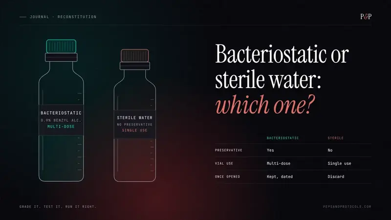Two vials in line art, bacteriostatic water and sterile water, with a table comparing preservative and single or multi-dose use.