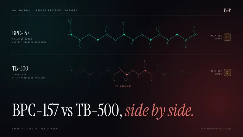 Two peptide chains drawn as line art, BPC-157 with 15 residues and TB-500 as a short fragment, both graded C, headline: BPC-157 vs TB-500, side by side.