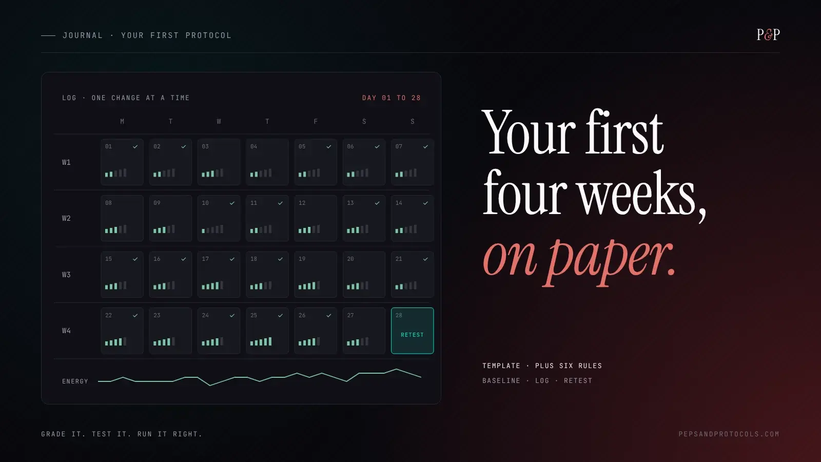 A four-week log grid with daily energy bars, an energy sparkline and a retest marker on day 28, headline: Your first four weeks, on paper.