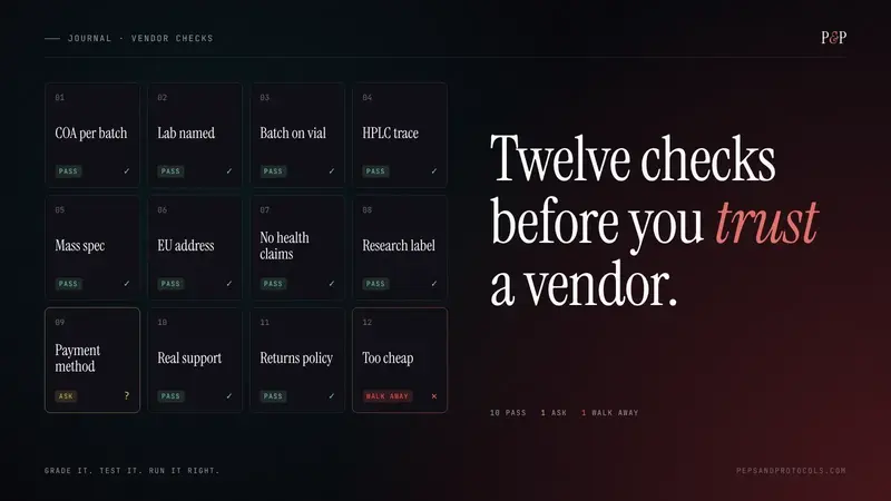 Grid of twelve vendor checks marked pass, ask or walk away, headline: Twelve checks before you trust a vendor.