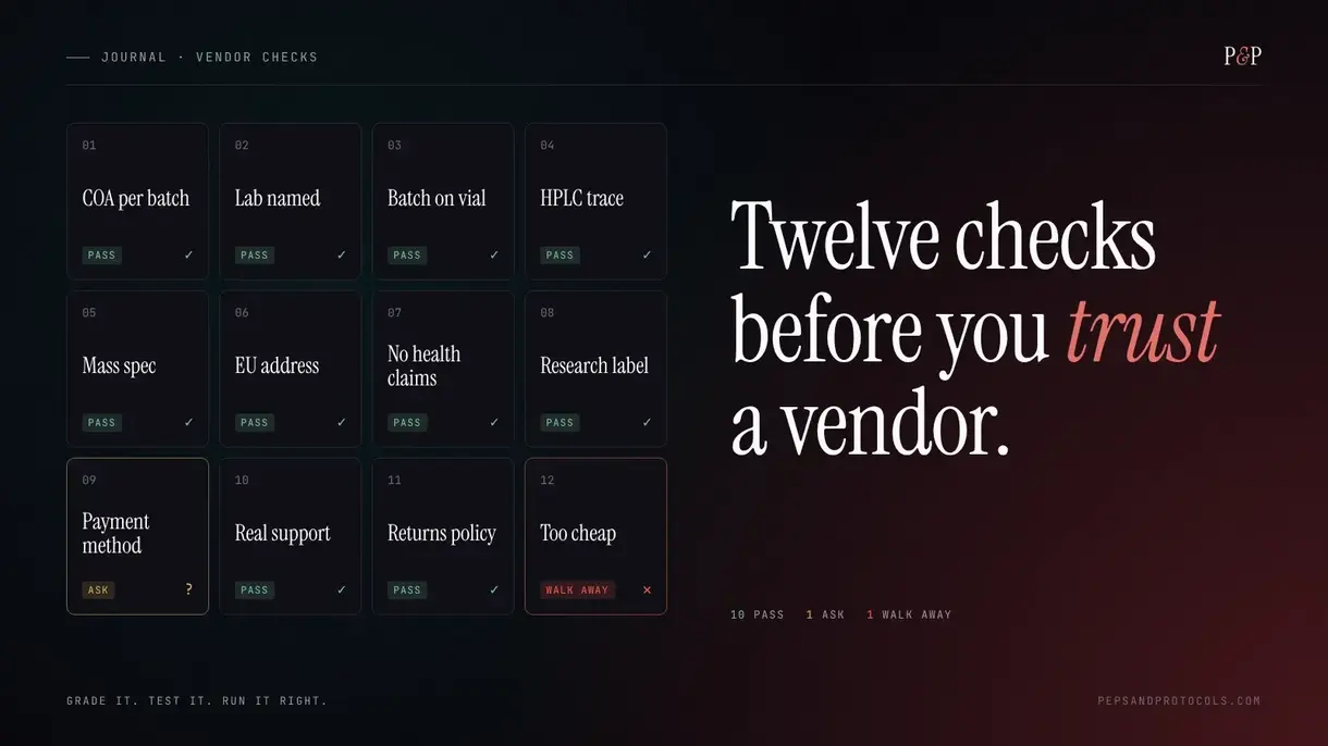 Grid of twelve vendor checks marked pass, ask or walk away, headline: Twelve checks before you trust a vendor.