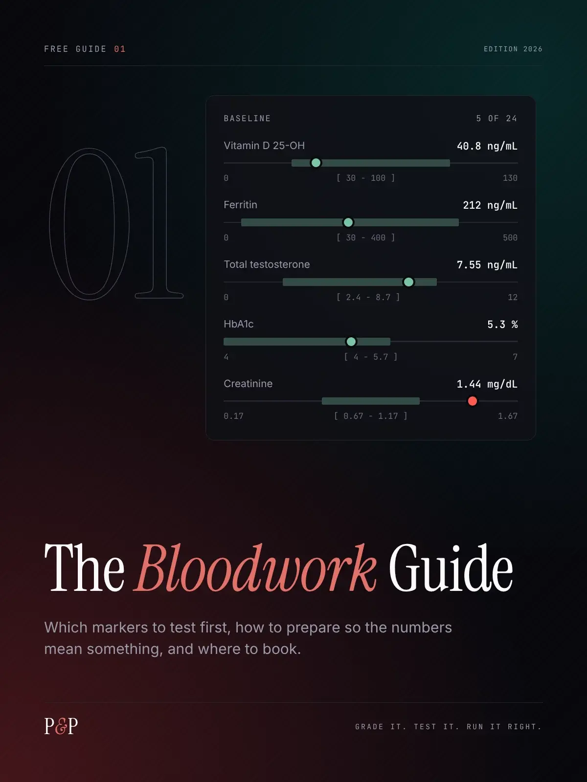 Cover of Free Guide 01, The Bloodwork Guide, with lab-report range meters.