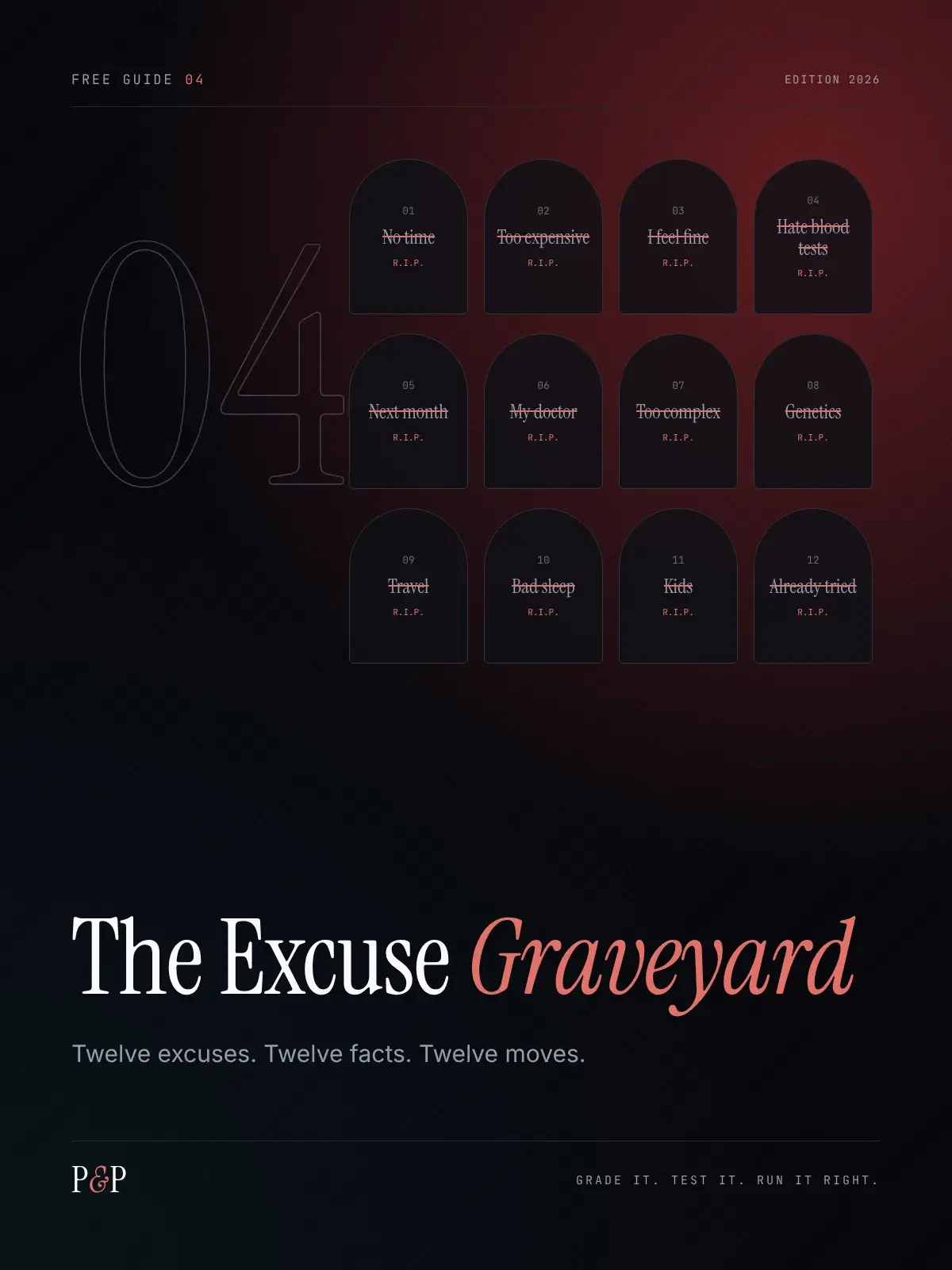 Cover of Free Guide 04, The Excuse Graveyard, with twelve headstones.