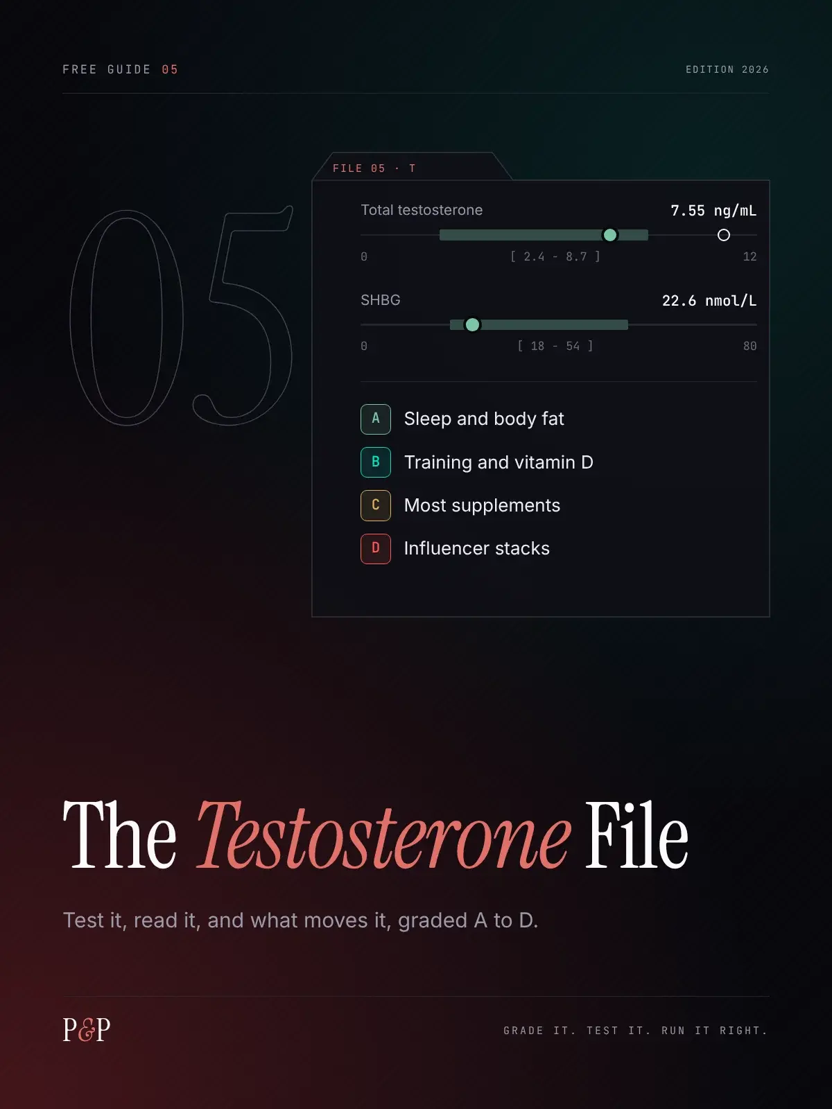 Cover of Free Guide 05, The Testosterone File, with a testosterone range meter.